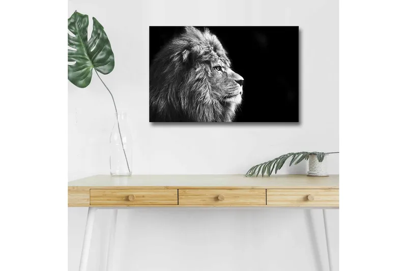 Lærredstryk med LED-belysning - Statslig løveprofil i sort-hvid, Sort / Grå