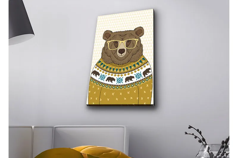 Lærredstryk med LED-belysning - Stilfuld bjørn med briller i mønstret sweater, Brun / Gul / Blå