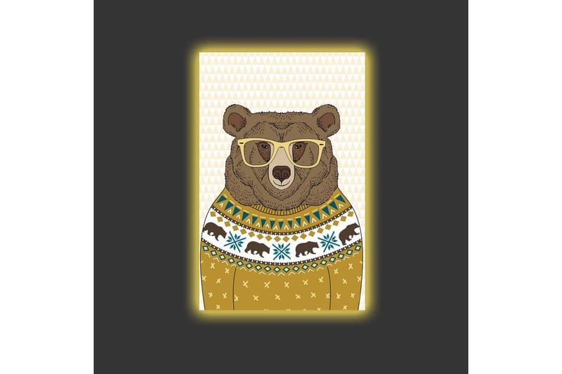 Lærredstryk med LED-belysning - Stilfuld bjørn med briller i mønstret sweater - Brun / Gul / Blå - Boligtilbehør - Billeder & kunst - Billeder på lærred