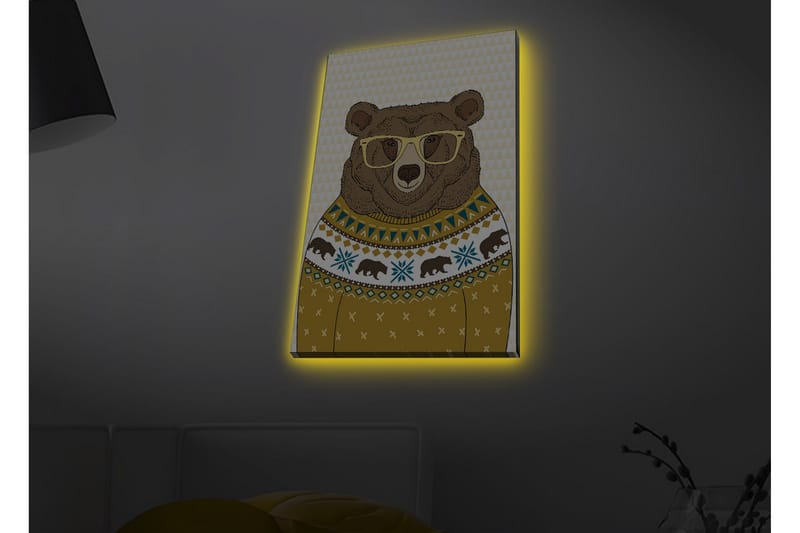 Lærredstryk med LED-belysning - Stilfuld bjørn med briller i mønstret sweater - Brun / Gul / Blå - Boligtilbehør - Billeder & kunst - Billeder på lærred