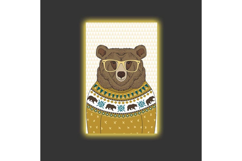 Lærredstryk med LED-belysning - Stilfuld bjørn med briller i mønstret sweater - Brun / Gul / Blå - Boligtilbehør - Billeder & kunst - Billeder på lærred