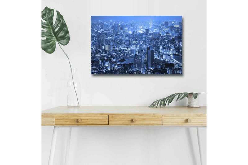 Lærredstryk med LED-belysning - Storslået byudsigt i natlys, Mørkeblå / Lyseblå