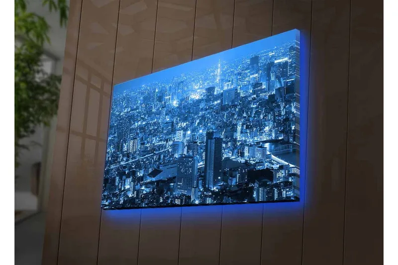 Lærredstryk med LED-belysning - Storslået byudsigt i natlys - Mørkeblå / Lyseblå - Boligtilbehør - Billeder & kunst - Billeder på lærred