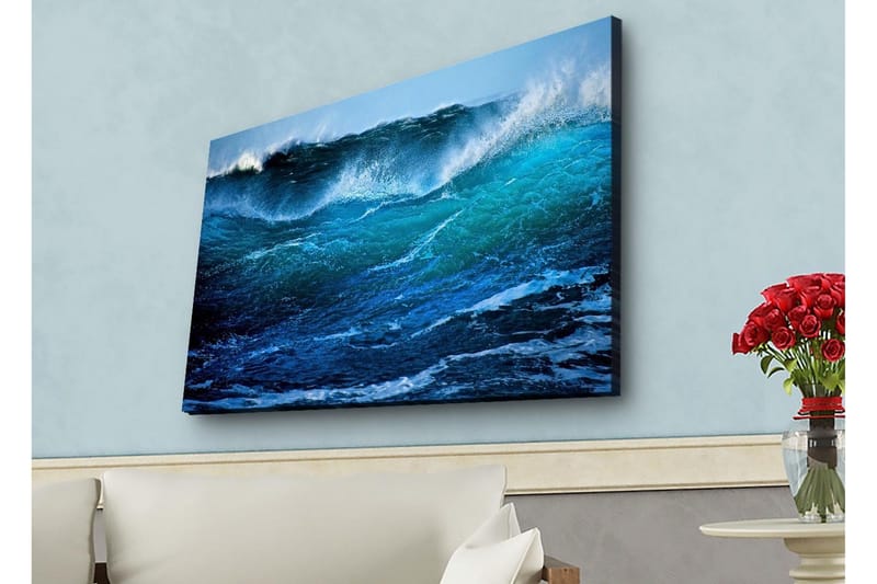 Lærredstryk med LED-belysning - Storslået havbølge i bevægelse, Turkis / Mørkeblå / Hvid