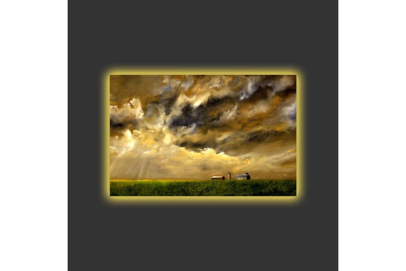 Lærredstryk med LED-belysning - Storslået landskabsudsigt med dramatiske skyer og en gård i horisonten - Guld / Mørkeblå / Grøn - Boligtilbehør - Billeder & kunst - Billeder på lærred
