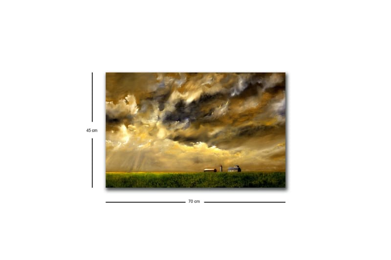 Lærredstryk med LED-belysning - Storslået landskabsudsigt med dramatiske skyer og en gård i horisonten - Guld / Mørkeblå / Grøn - Boligtilbehør - Billeder & kunst - Billeder på lærred