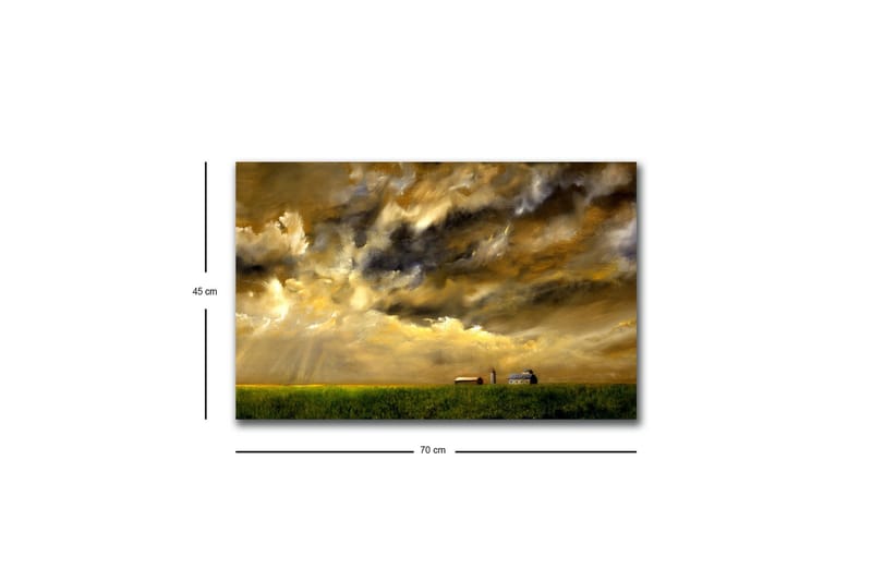 Lærredstryk med LED-belysning - Storslået landskabsudsigt med dramatiske skyer og en gård i horisonten - Guld / Mørkeblå / Grøn - Boligtilbehør - Billeder & kunst - Billeder på lærred