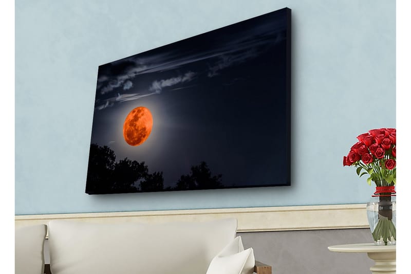 Lærredstryk med LED-belysning - Storslået måne, der oplyser nattehimlen - Mørkeblå / Orange / Sort - Boligtilbehør - Billeder & kunst - Billeder på lærred