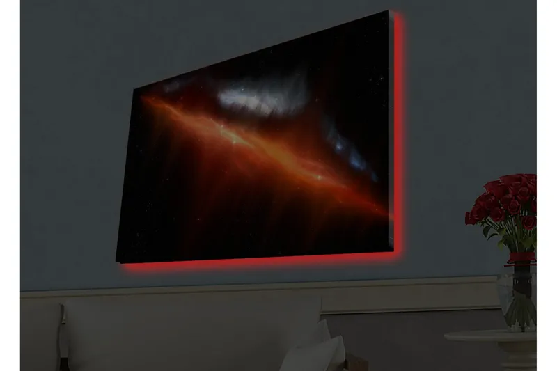 Lærredstryk med LED-belysning - Storslået rumscene med tåger i varme farver, Rød / Orange / Blå