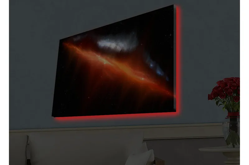 Lærredstryk med LED-belysning - Storslået rumscene med tåger i varme farver, Rød / Orange / Blå