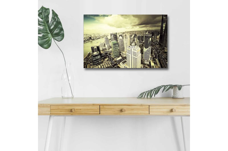 Lærredstryk med LED-belysning - Storslået udsigt over en by med moderne skyskrabere - Grå / Beige / Sort - Boligtilbehør - Billeder & kunst - Billeder på lærred