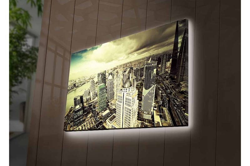 Lærredstryk med LED-belysning - Storslået udsigt over en by med moderne skyskrabere - Grå / Beige / Sort - Boligtilbehør - Billeder & kunst - Billeder på lærred