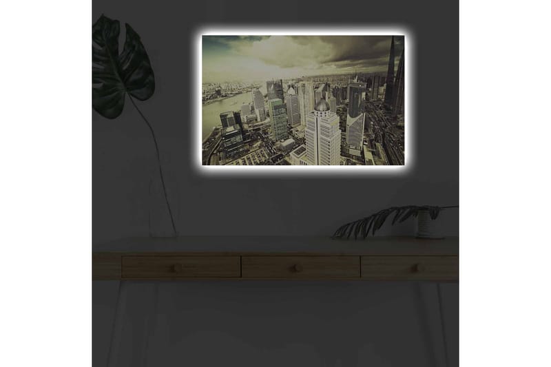 Lærredstryk med LED-belysning - Storslået udsigt over en by med moderne skyskrabere, Grå / Beige / Sort