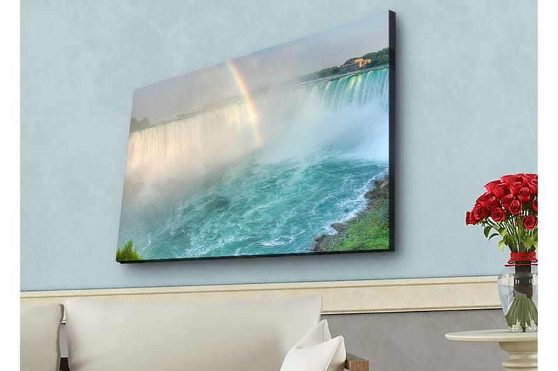 Lærredstryk med LED-belysning - Storslået udsigt over Niagara Falls med en regnbue i baggrunden - Turkis / Grøn / Grå - Boligtilbehør - Billeder & kunst - Billeder på lærred