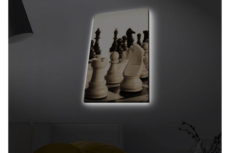 Lærredstryk med LED-belysning - Strategisk skakopstilling med træbrikker - Beige / Sort / Brun - Boligtilbehør - Billeder & kunst - Billeder på lærred
