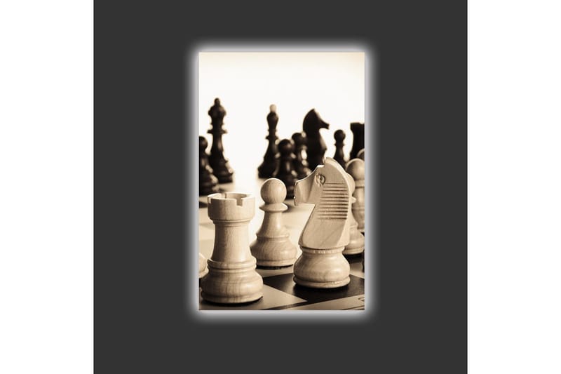 Lærredstryk med LED-belysning - Strategisk skakopstilling med træbrikker - Beige / Sort / Brun - Boligtilbehør - Billeder & kunst - Billeder på lærred