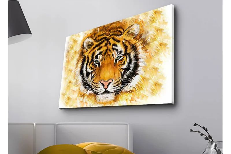 Lærredstryk med LED-belysning - Tigerhoved med intenst udtryk - Orange / Sort / Hvid - Boligtilbehør - Billeder & kunst - Billeder på lærred