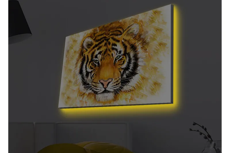 Lærredstryk med LED-belysning - Tigerhoved med intenst udtryk - Orange / Sort / Hvid - Boligtilbehør - Billeder & kunst - Billeder på lærred