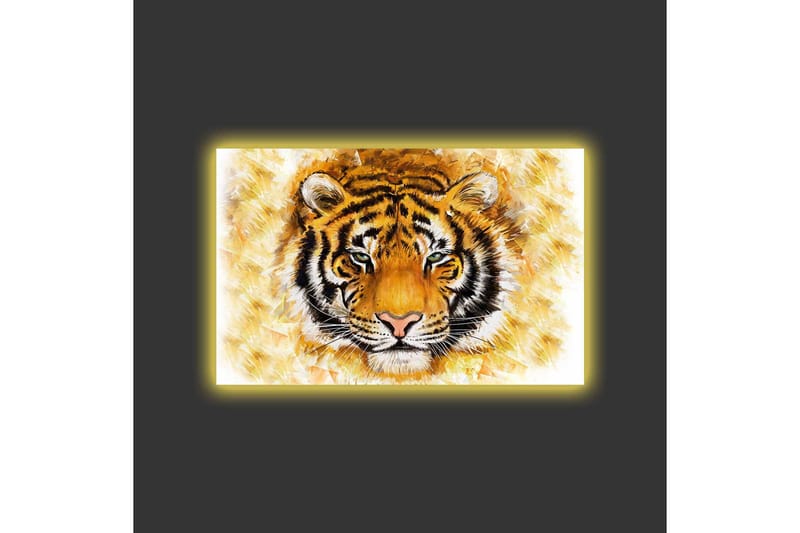 Lærredstryk med LED-belysning - Tigerhoved med intenst udtryk - Orange / Sort / Hvid - Boligtilbehør - Billeder & kunst - Billeder på lærred