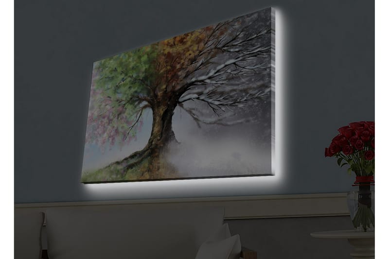 Lærredstryk med LED-belysning - Træer med skiftende årstider i en harmonisk komposition - Grøn / Brun / Grå - Boligtilbehør - Billeder & kunst - Billeder på lærred