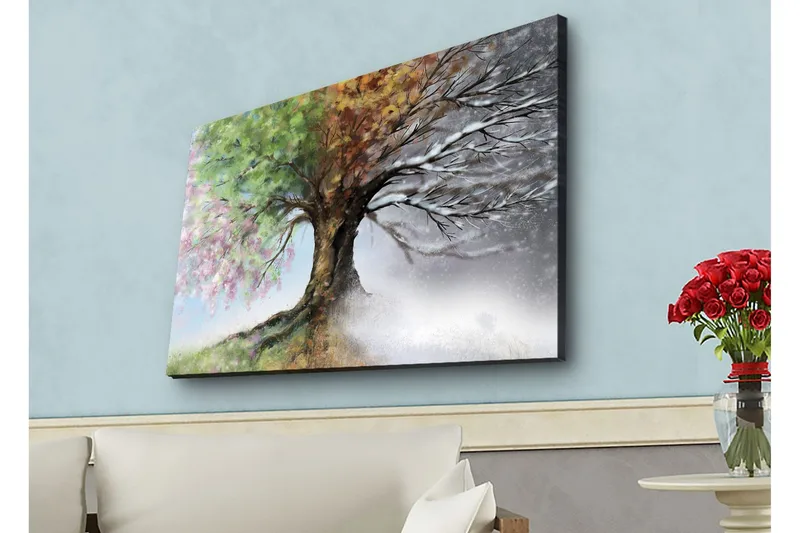 Lærredstryk med LED-belysning - Træer med skiftende årstider i en harmonisk komposition, Grøn / Brun / Grå