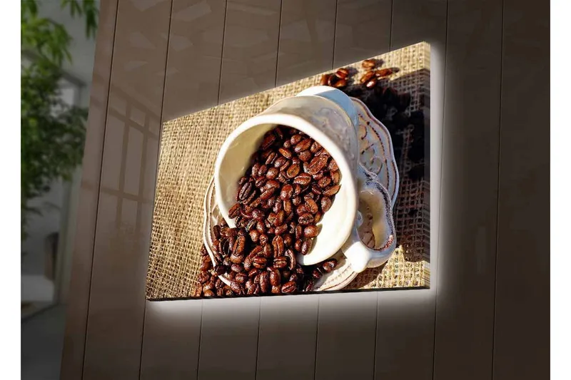 Lærredstryk med LED-belysning - Udkast til en kop med kaffebønner spredt ud over et jutestof - Mørkebrun / Beige - Boligtilbehør - Billeder & kunst - Billeder på lærred