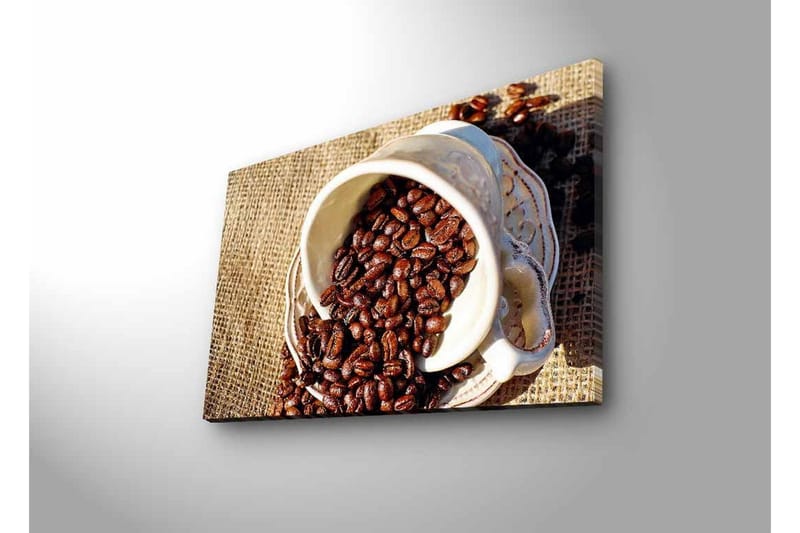 Lærredstryk med LED-belysning - Udkast til en kop med kaffebønner spredt ud over et jutestof - Mørkebrun / Beige - Boligtilbehør - Billeder & kunst - Billeder på lærred
