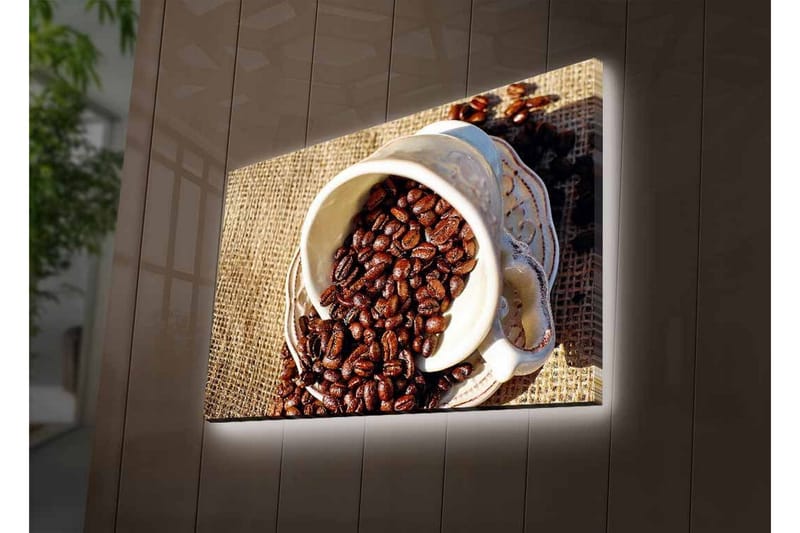 Lærredstryk med LED-belysning - Udkast til en kop med kaffebønner spredt ud over et jutestof - Mørkebrun / Beige - Boligtilbehør - Billeder & kunst - Billeder på lærred
