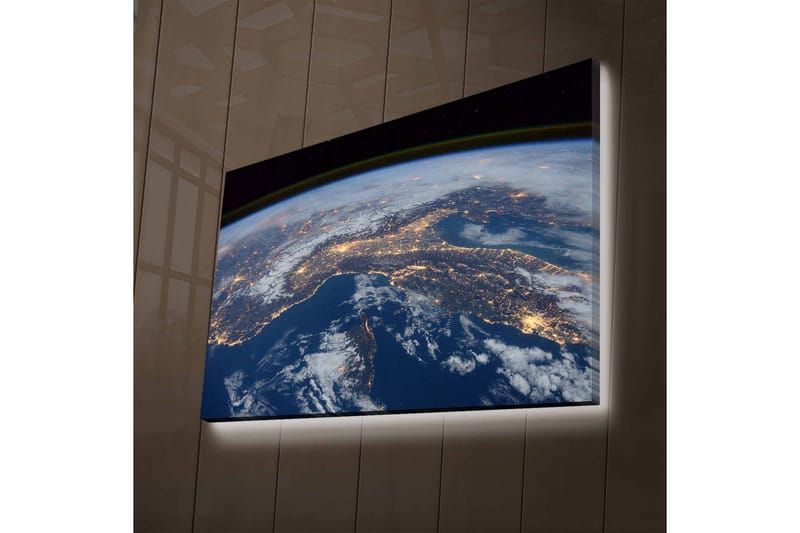 Lærredstryk med LED-belysning - Udsigt over Jorden med byer oplyst om natten, Mørkeblå / Hvid / Gul