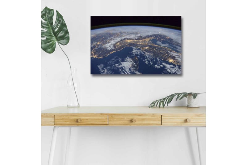 Lærredstryk med LED-belysning - Udsigt over Jorden med byer oplyst om natten - Mørkeblå / Hvid / Gul - Boligtilbehør - Billeder & kunst - Billeder på lærred