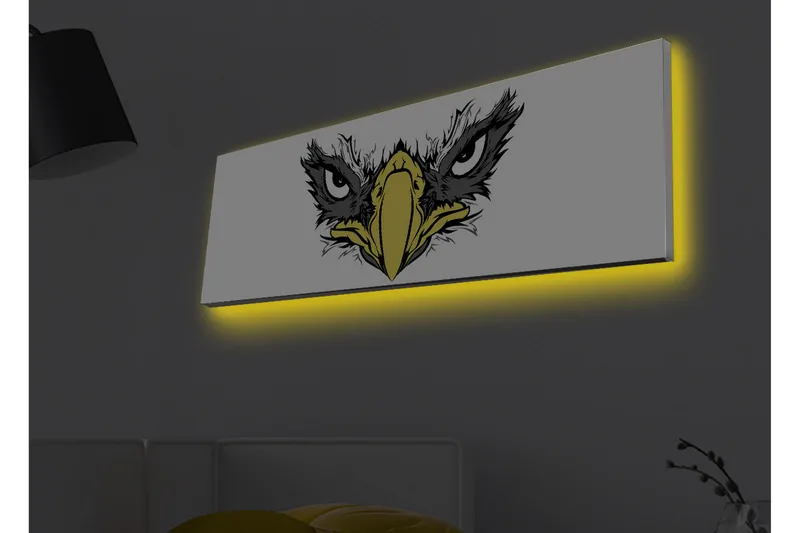 Lærredstryk med LED-belysning - Vild ørn med intense øjne, Sort / Gul / Hvid