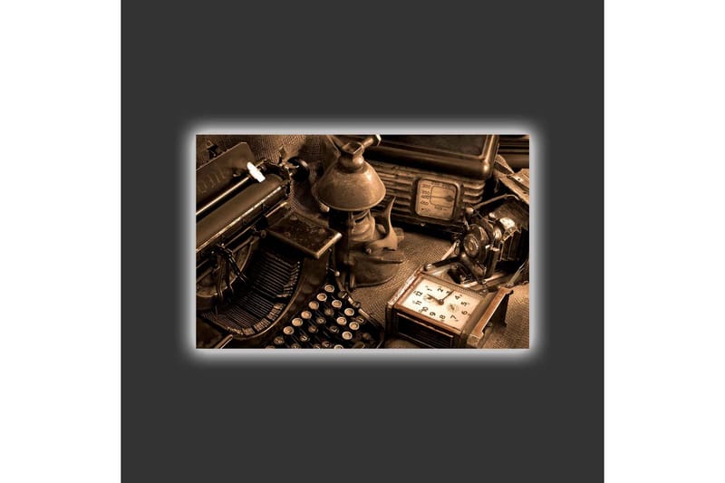 Lærredstryk med LED-belysning - Vintage skrivemaskine og gamle genstande i en nostalgisk komposition - Brun / Sort / Beige - Boligtilbehør - Billeder & kunst - Billeder på lærred