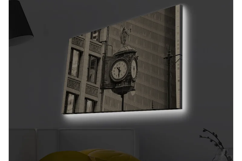 Lærredstryk med LED-belysning - Vintage vægur med detaljeret design, Sort / Grå / Hvid