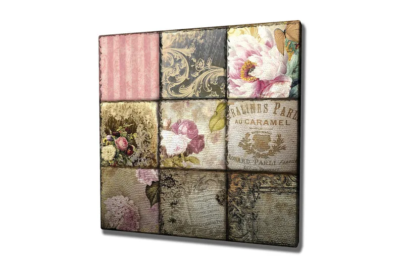 Lærredstryk - Mosaik af vintage-inspirerede mønstre og blomster, Lyserød / Guld / Beige