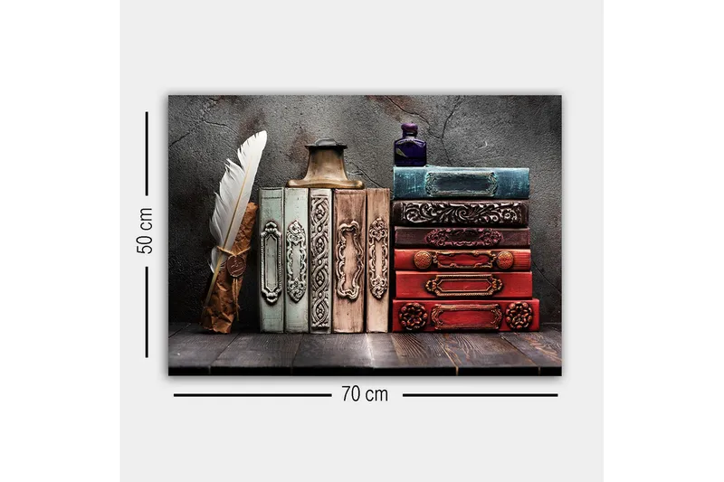 Lærredstryk - Samling af antikke bøger med dekorative rygrygge og en fjerpen - Mørkerød / Grøn / Blå - Boligtilbehør - Billeder & kunst - Billeder på lærred