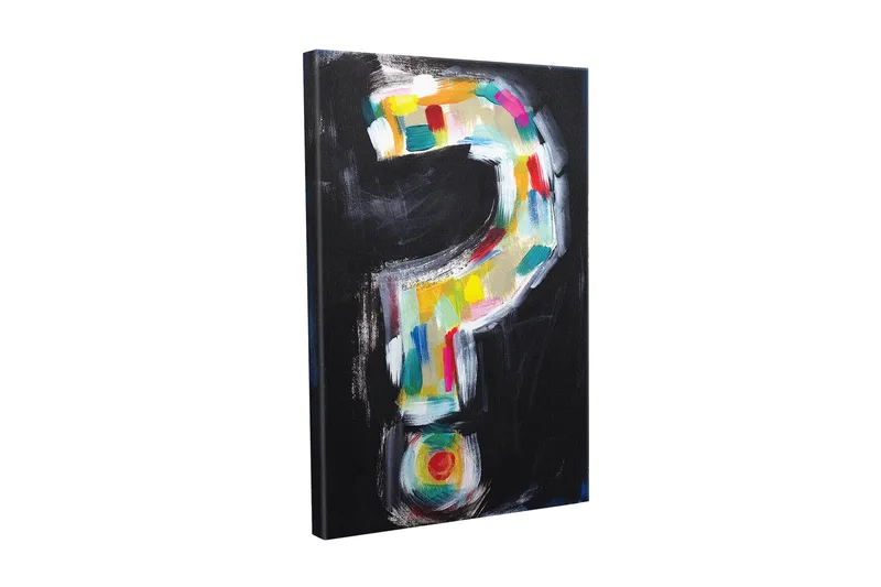 Lærredstryk - Spørgsmålstegn i farverig stil, Sort / Hvid / Gul