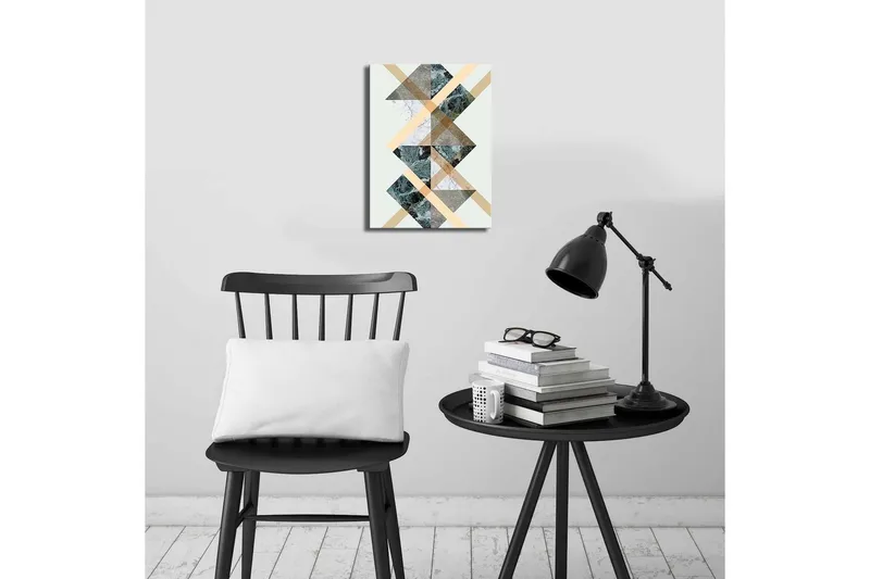 Lille lærredstryk 28x38 cm - Geometrisk komposition med trekanter og diagonale linjer - Mørkegrøn / Beige / Hvid - Boligtilbehør - Billeder & kunst - Billeder på lærred
