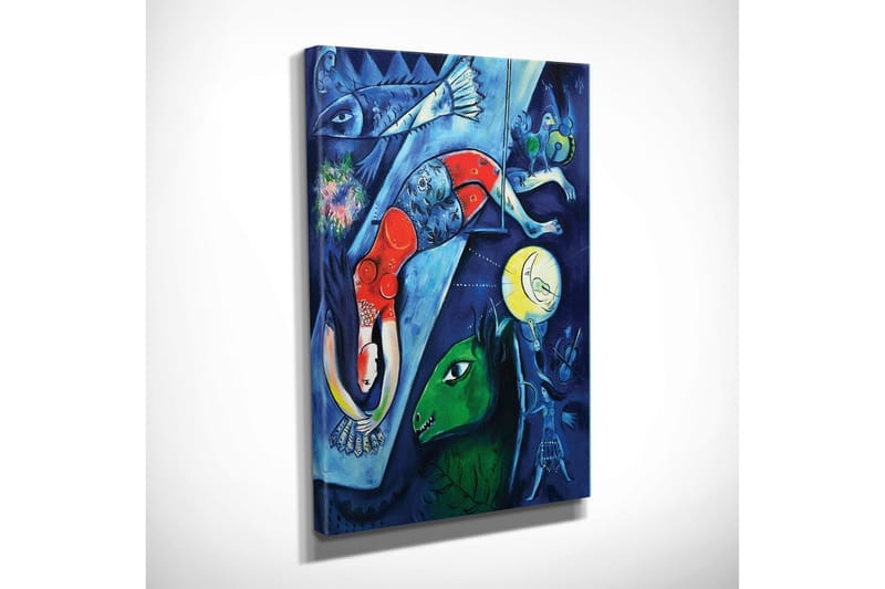 Lille lærredstryk 30x40 cm - Abstrakt komposition med dyr og mennesker i et drømmeagtigt miljø - Mørkeblå / Rød / Grøn - Boligtilbehør - Billeder & kunst - Billeder på lærred