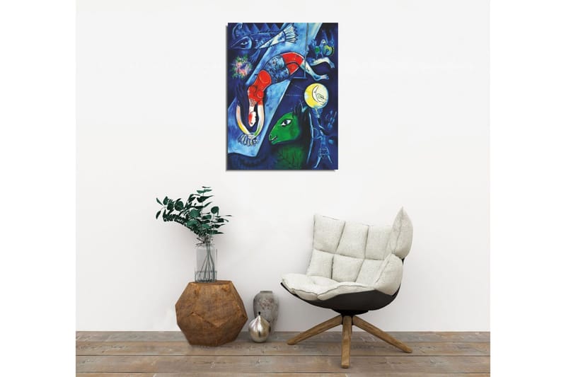 Lille lærredstryk 30x40 cm - Abstrakt komposition med dyr og mennesker i et drømmeagtigt miljø - Mørkeblå / Rød / Grøn - Boligtilbehør - Billeder & kunst - Billeder på lærred