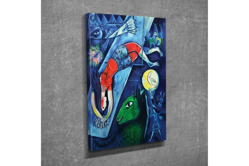 Lille lærredstryk 30x40 cm - Abstrakt komposition med dyr og mennesker i et drømmeagtigt miljø - Mørkeblå / Rød / Grøn - Boligtilbehør - Billeder & kunst - Billeder på lærred