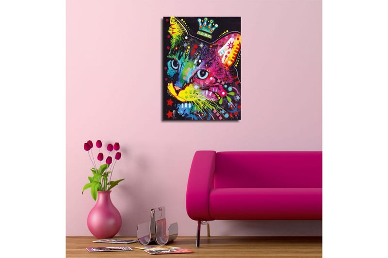 Lille lærredstryk 30x40 cm - Farverig kat med grafiske mønstre og detaljer - Grøn / Lyserød / Blå - Boligtilbehør - Billeder & kunst - Billeder på lærred