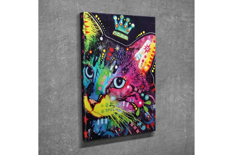 Lille lærredstryk 30x40 cm - Farverig kat med grafiske mønstre og detaljer - Grøn / Lyserød / Blå - Boligtilbehør - Billeder & kunst - Billeder på lærred