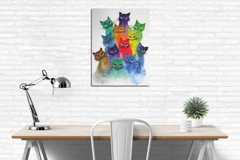 Lille lærredstryk 30x40 cm - Farverig samling af katte i forskellige nuancer - Grøn / Blå / Lilla - Boligtilbehør - Billeder & kunst - Billeder på lærred
