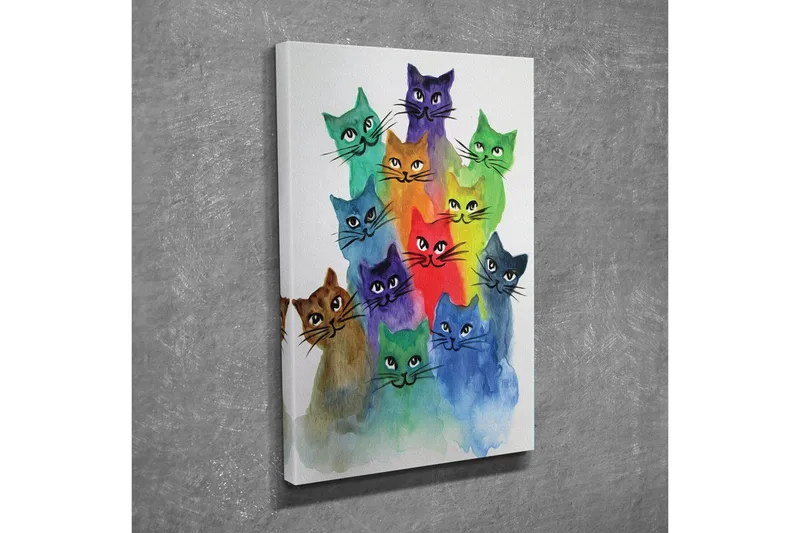 Lille lærredstryk 30x40 cm - Farverig samling af katte i forskellige nuancer, Grøn / Blå / Lilla