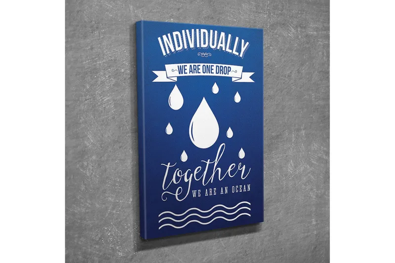 Lille lærredstryk 30x40 cm - Inspirerende citat om fællesskab og enhed med dråber som symboler - Mørkeblå / Hvid - Boligtilbehør - Billeder & kunst - Billeder på lærred