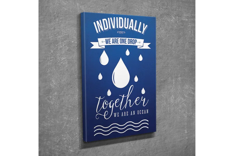 Lille lærredstryk 30x40 cm - Inspirerende citat om fællesskab og enhed med dråber som symboler - Mørkeblå / Hvid - Boligtilbehør - Billeder & kunst - Billeder på lærred