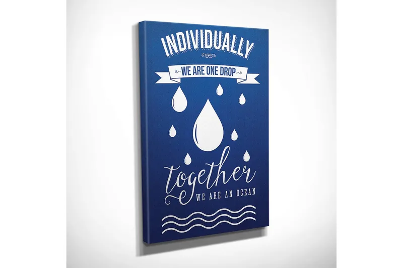 Lille lærredstryk 30x40 cm - Inspirerende citat om fællesskab og enhed med dråber som symboler - Mørkeblå / Hvid - Boligtilbehør - Billeder & kunst - Billeder på lærred