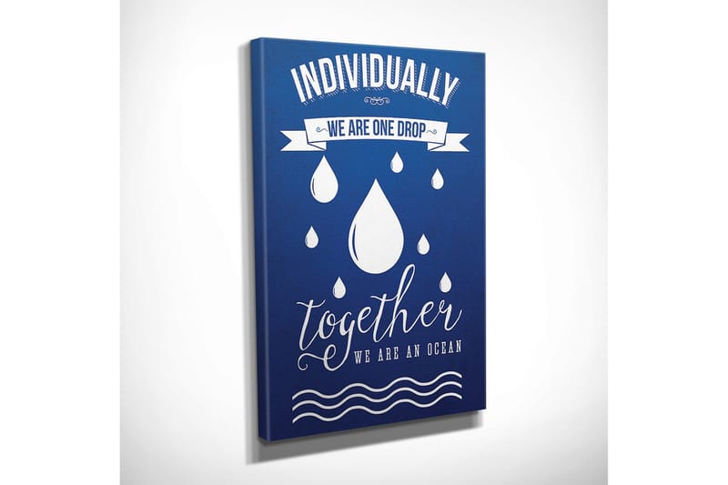 Lille lærredstryk 30x40 cm - Inspirerende citat om fællesskab og enhed med dråber som symboler - Mørkeblå / Hvid - Boligtilbehør - Billeder & kunst - Billeder på lærred