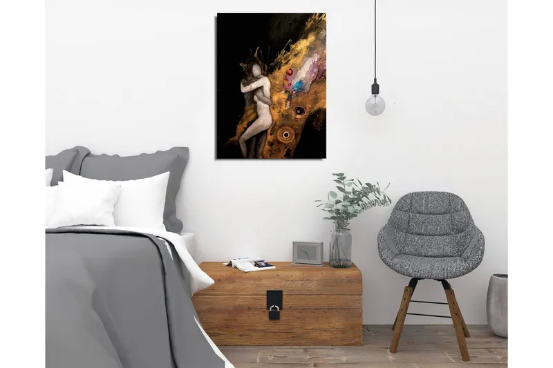 Lille lærredstryk 30x40 cm - Intimt par i en omfavnende gestus med abstrakte elementer - Guld / Sort / Beige - Boligtilbehør - Billeder & kunst - Billeder på lærred