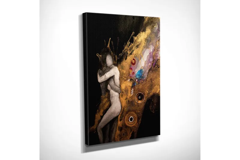 Lille lærredstryk 30x40 cm - Intimt par i en omfavnende gestus med abstrakte elementer - Guld / Sort / Beige - Boligtilbehør - Billeder & kunst - Billeder på lærred